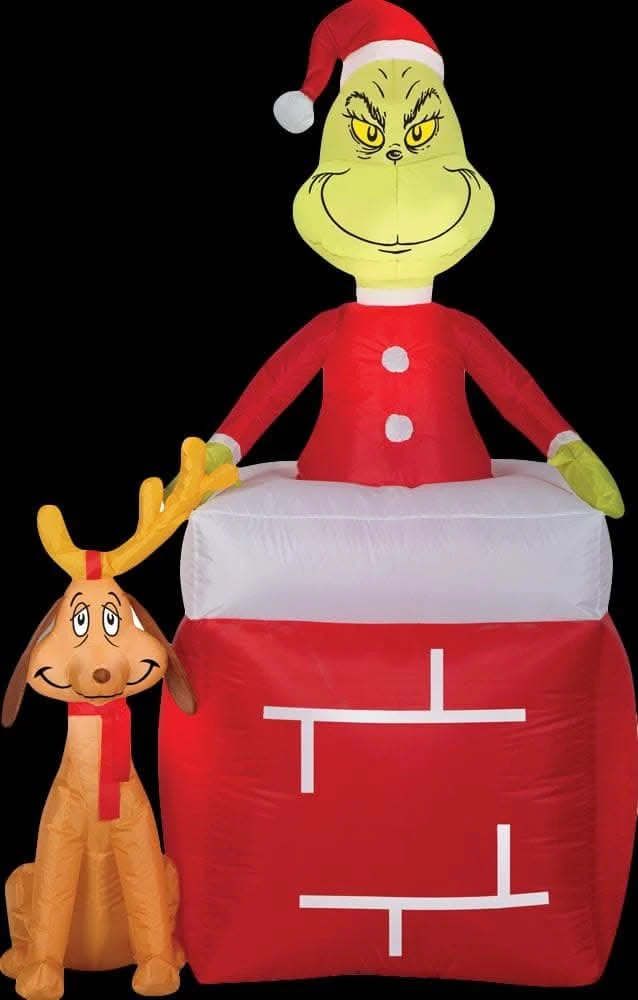Airblown Grinch Out Of Chimney With Max Medume Inflatable Scene - Dr. Seuss 1 Airblown Grinch Out Of Chimney With Max Medume Inflatable Scene - Dr. Seuss